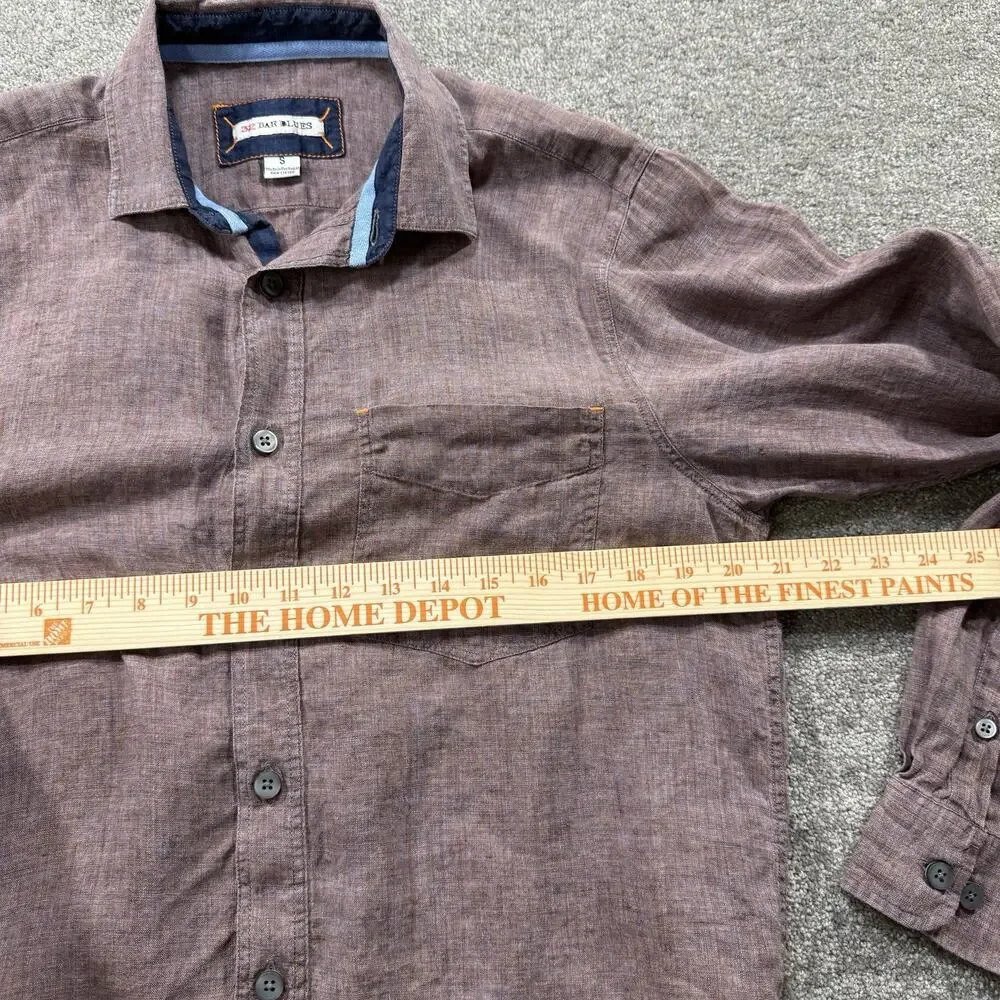 32 Bar Blues Linen Button Shirt S‎ Wine/Burgundy Long Sleeve Elbow Patch Casual